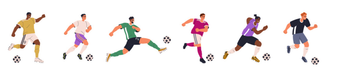 Soccer players set. Sports men playing European football game, running with ball. Athlete characters in motion, kicking, hitting with foot. Flat vector illustration isolated on white background © Good Studio