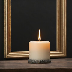 front view of fireless candle with picture frame on black