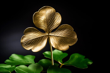 St Patricks Day gold three-leaf lucky clover shamrock on green background