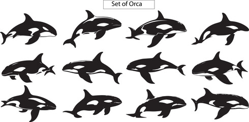 set of silhouettes of Orca, set of Orca Silhouette, Orca silhouette , sea animal Silhouette
