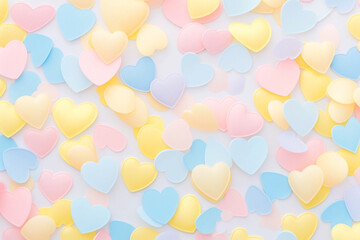 Colorful pastel paper hearts pattern on pastel background