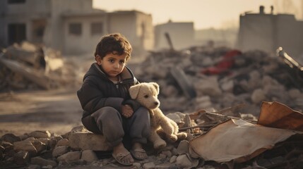 Resilience Amid Ruins: Little Palestinian Boy with Teddy Bear on House Remnants. Generative ai