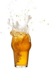 Ice cube falling down. Glass with chill foamy lager beer isolated on transparent background....