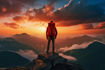 Hiker's Silhouette on Mountain Summit, Embodiment of Triumph and Achievement, Exhilarating Success at Peak, Active Lifestyle and Ascent Victory Concept Generative AI.