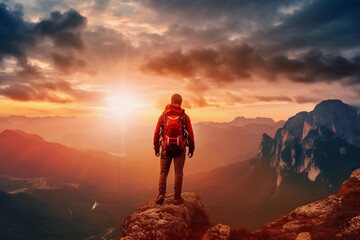 Fototapeta premium Man standing on mountain summit at sunset. Mountaineer summit view Generative AI.