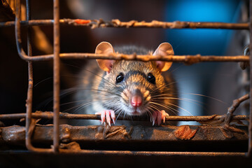  A rat caught in a humane trap in a city alleyway, indicating a successful capture but a lingering pest issue