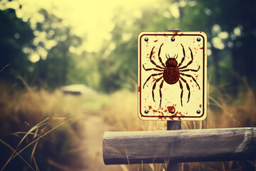 A warning sign posted in a hiking area alerting visitors of the risk of tick infestation and Lyme disease - obrazy, fototapety, plakaty