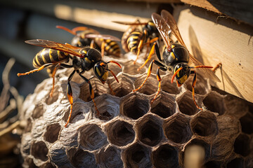 A colony of wasps is seen building a nest under the roof of a house, indicating an impending wasp problem - obrazy, fototapety, plakaty