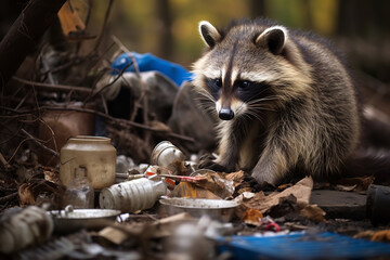 An urban raccoon spotted at night as it rummages through a trash can, showcasing the issue of urban pests