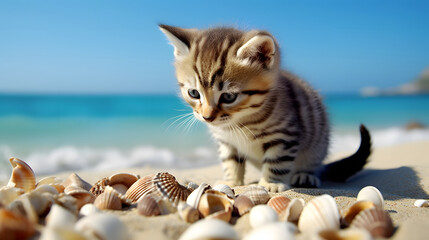 砂浜の貝殻で遊ぶネコ