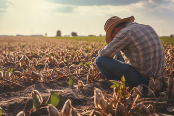 A farmer examining damaged leaves on crops in a field, indicative of a pest problem requiring intervention - Powered by Adobe