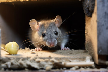 A bait station filled with poison is set up in a basement, a strategic move to capture and eliminate rodents