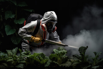 A pest control specialist in protective gear is spraying pesticides around the perimeter of a home to eliminate nuisances like rodents and insects - obrazy, fototapety, plakaty