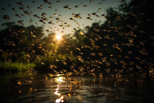 A large swarm of mosquitoes hovering over a stagnant pond, symbolizing the risk of diseases like malaria and dengue