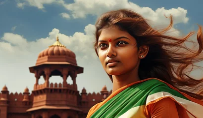 Foto op Canvas India women wear sari flag of India with red fort background, independence day or  republic day concept, Generative AI © FEBRIA