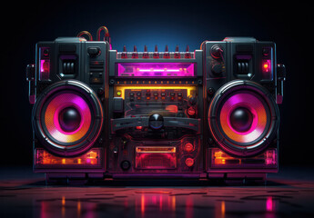 Retro boombox with colored lights, Generative AI