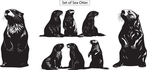 Set of silhouette of sea otter, sea otter silhouette set