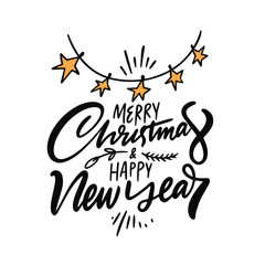 Merry Christmas and Happy New Year handwritten lettering phrase. Black color flat design illustration. Isolated on white background.