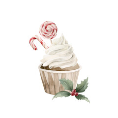 Composition with cupcake with white cream, christmas candy canes, lollipop and holly. Watercolor illustration isolated