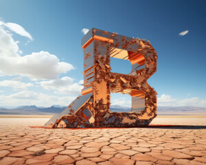 Stylish deformed steel round object letter "B" in the middle of the desert, Generative AI