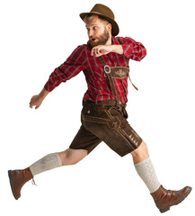 Hurry up. Full-length portrait of bearded man in hat and traditional Bavarian costume running away isolated on transparent background. Fest, oktoberfest, festival concept.