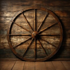Antique Wooden Wagon Wheel Resting Against Weathered Wall
