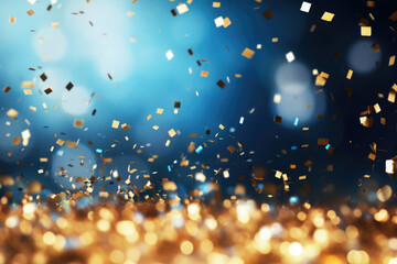 Glittering confetti in gold and blue. Background for the New Year and Christmas
