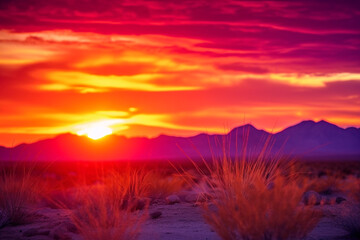 desert sunset displays stunning array of intense and lively colors, with sky illuminated in various shades of red, orange, and purple, while landscape is bathed in radiant and golden glow