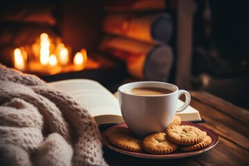 photograph of Cup of coffee, cookies and books on knitted blanket near burning fireplace indoors