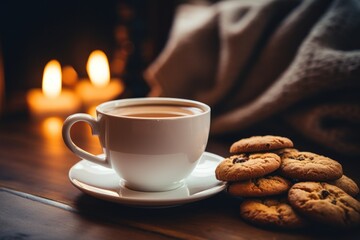photograph of Cup of coffee, cookies and books on knitted blanket near burning fireplace indoors