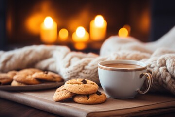 photograph of Cup of coffee, cookies and books on knitted blanket near burning fireplace indoors - obrazy, fototapety, plakaty