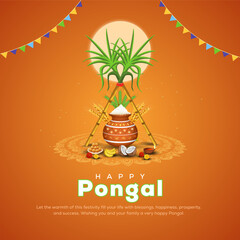 South Indian harvesting festival, Happy Pongal celebrations greetings with Pongal elements, sugarcane and plate of religious props. vector illustration design