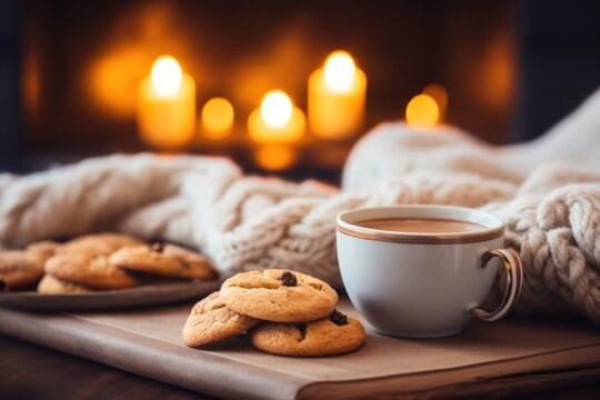photograph of Cup of coffee, cookies and books on knitted blanket near burning fireplace indoors