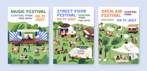 Summer open-air festival, advertising posters set. Music fest, holiday picnic in nature with food trucks, promotion cards. Placard background designs, templates. Isolated flat vector illustrations