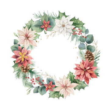 Watercolor vector Christmas floral wreath illustration. Hand painted poinsettia flowers, pine tree branches, berries, golden splashes. Perfect for wedding invitations, greeting card, stationery