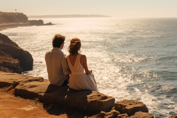 Love couple relaxing together near the sea on sunny day