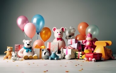 Obraz na płótnie Canvas Cute Toys with colorful balloon and gift box. Ai Generative