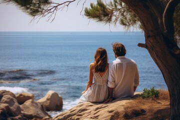 Love couple relaxing together near the sea on sunny day