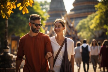 Naklejka premium Love couple tourists and travelers, walking in Wat Phra Si Mahathat Bangkok thailand and smiling