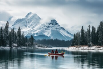 Male and female, two traveler in winter coat canoeing in Spirit Island on Maligne Lake at Jasper...