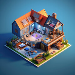 3D model house floor plan with a view of furnished rooms inside, isometric, AI Generated