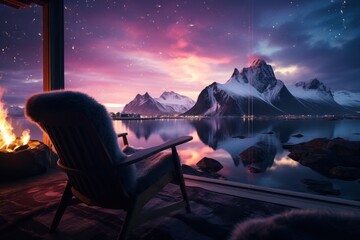 Fototapeta na wymiar Male and female, two traveler in winter coat canoeing in Aurora borealis, pink and purple, (northern lights) over mountains with Skagsanden beach, Lofoten Islands, Norway