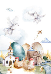 Easter animals greeting card template. Church watercolor illustration. Holy Easter Day - 680915047