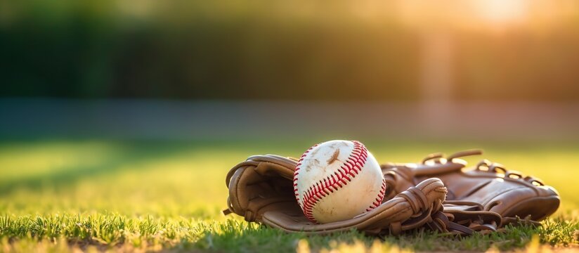 Baseball bat and ball on the field. Sport concept. Soft focus
