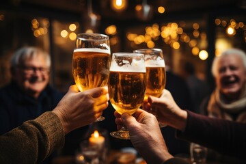 Senior people cheers, making toasts with beer glasses at a party celebration with friends enjoy a warm winter evening.