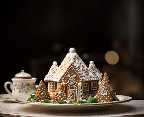 A Christmas gingerbread house on top of a platter on a table.