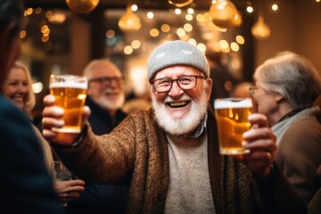 Senior people cheers, making toasts with beer glasses at a party celebration with friends enjoy a warm winter evening. - obrazy, fototapety, plakaty