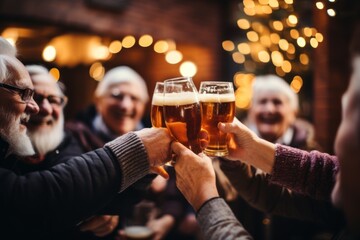 Senior people cheers, making toasts with beer glasses at a party celebration with friends enjoy a warm winter evening.