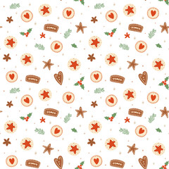 Christmas cookies seamless pattern Vector tasty gingerbread background, winter holiday pastry wallpaper. - 680915809