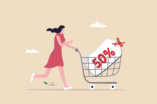 Sales discount online shopping, promotion or bargain retail purchase, e-commerce marketing or sales price tag concept, young woman with shopping cart trolley 50 percent discount price tag.